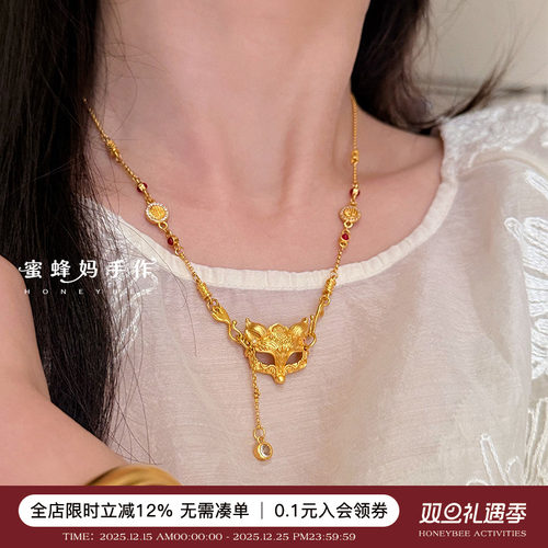 古法金狐狸面具项链女秋冬毛衣链