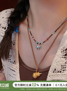 蜜蜂妈原创双面手绘小象吊坠项链