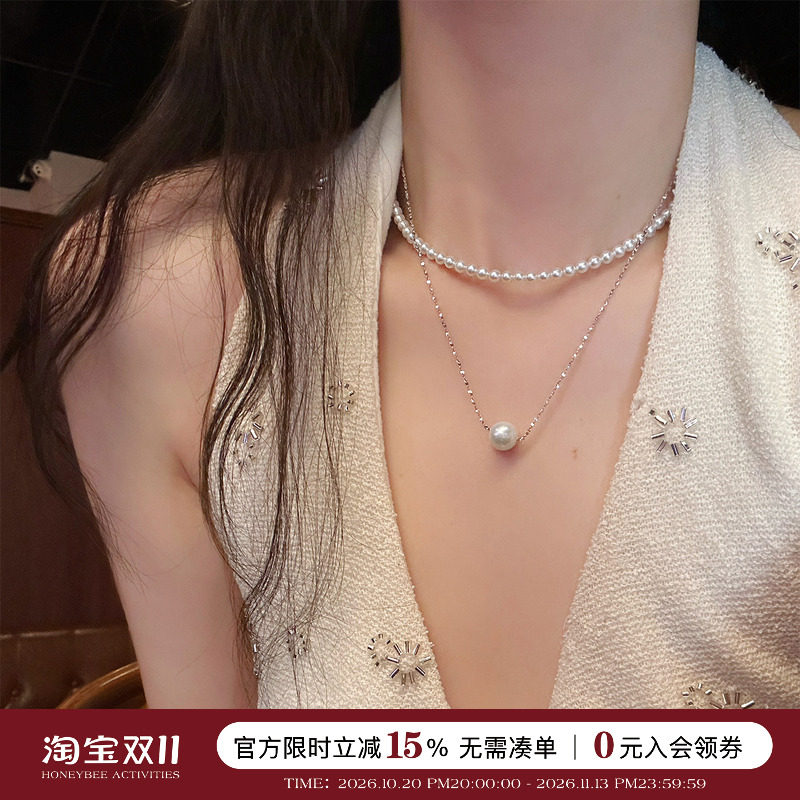 蜜蜂妈手作 路路通10mm天然珍珠吊坠项链女简约精致气质叠戴颈链