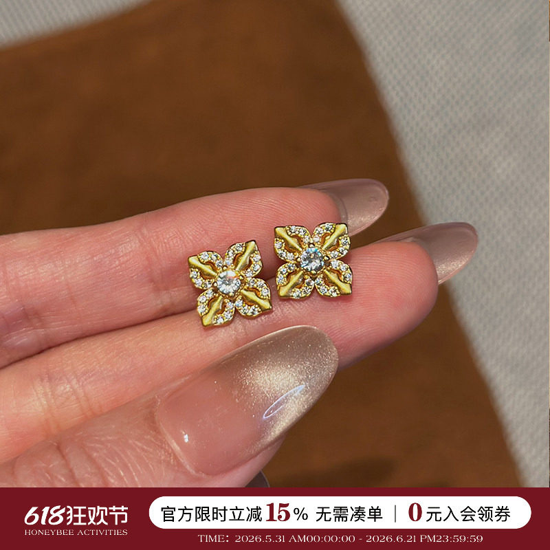 蜜蜂妈手作 古法点钻十字金刚杵耳钉女小众复古百搭耳饰生日礼物