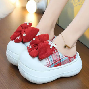 室内居家加绒保暖防滑增高厚底包头拖鞋 时尚 冬季 女款 蝴蝶结棉拖鞋