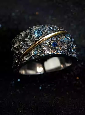 纯银梵高钻戒星空戒蓝宝石流星雨