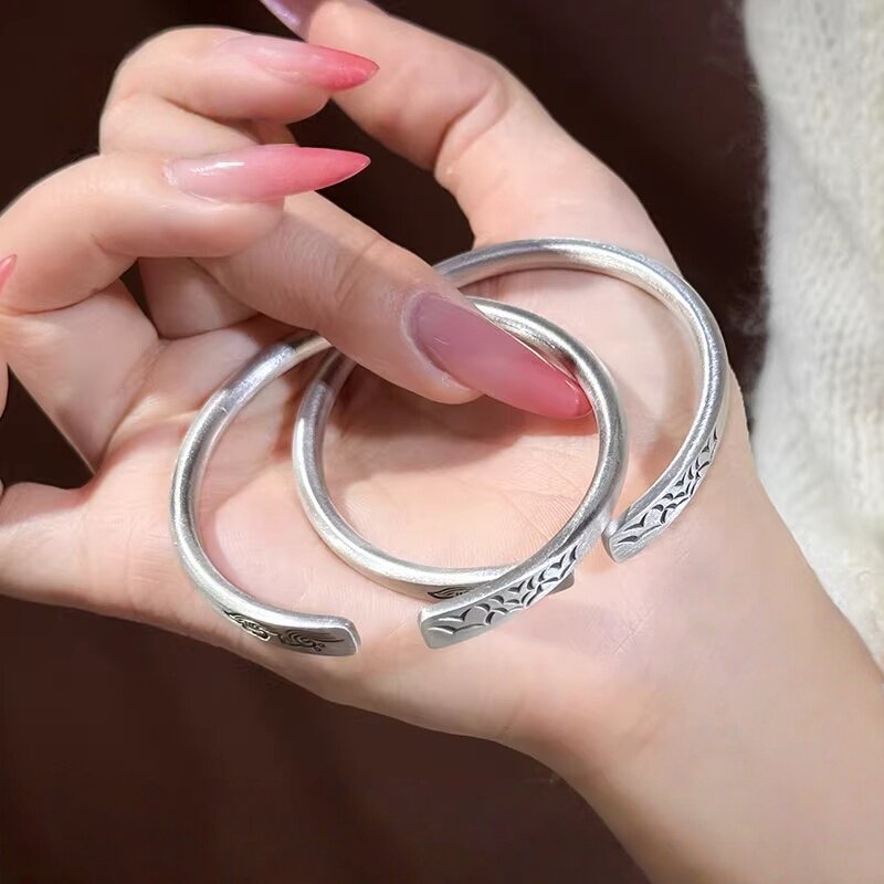 山盟海誓9999纯银森系手镯男女士款复古风感足银镯子生日礼物