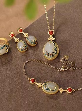 景泰蓝工艺锦上添花仿和田玉复古宫廷风戒指耳钉手链吊坠项链套装