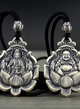 复古999纯银观音吊坠男实心项链