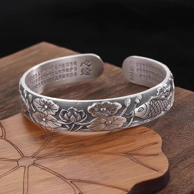 莲花双鱼心经手镯复古民族风女士款开口纯银镯子手环送妈妈礼物