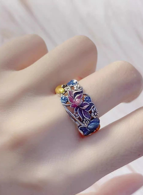 S925纯银烧蓝珐琅锦鲤莲花戒指