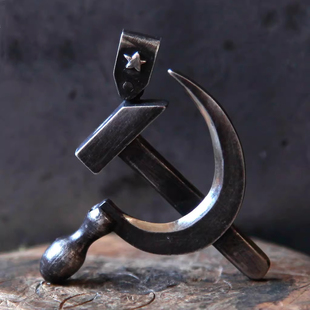 红色镰刀锤子银黑色吊坠五角星标志徽章复古中国风项链挂件配饰
