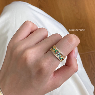 9999纯银珐琅戒指女士款 国风轻奢高级感描金凤羽翎指环