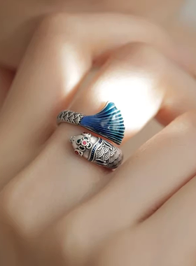 925纯银珐琅彩鲤鱼跃龙门戒指女