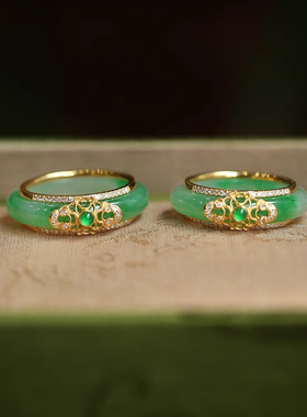 天然纯银绿玉髓戒指女款开口可调节翡翠绿玉石指环高级感女戒