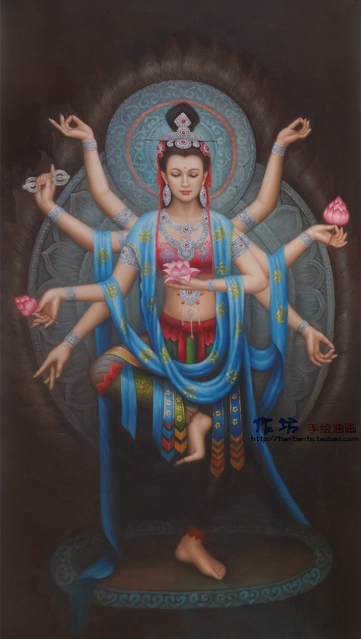 新款手绘飞天油画千手观音三皇姑画像敦煌软装家居玄关客厅装饰画