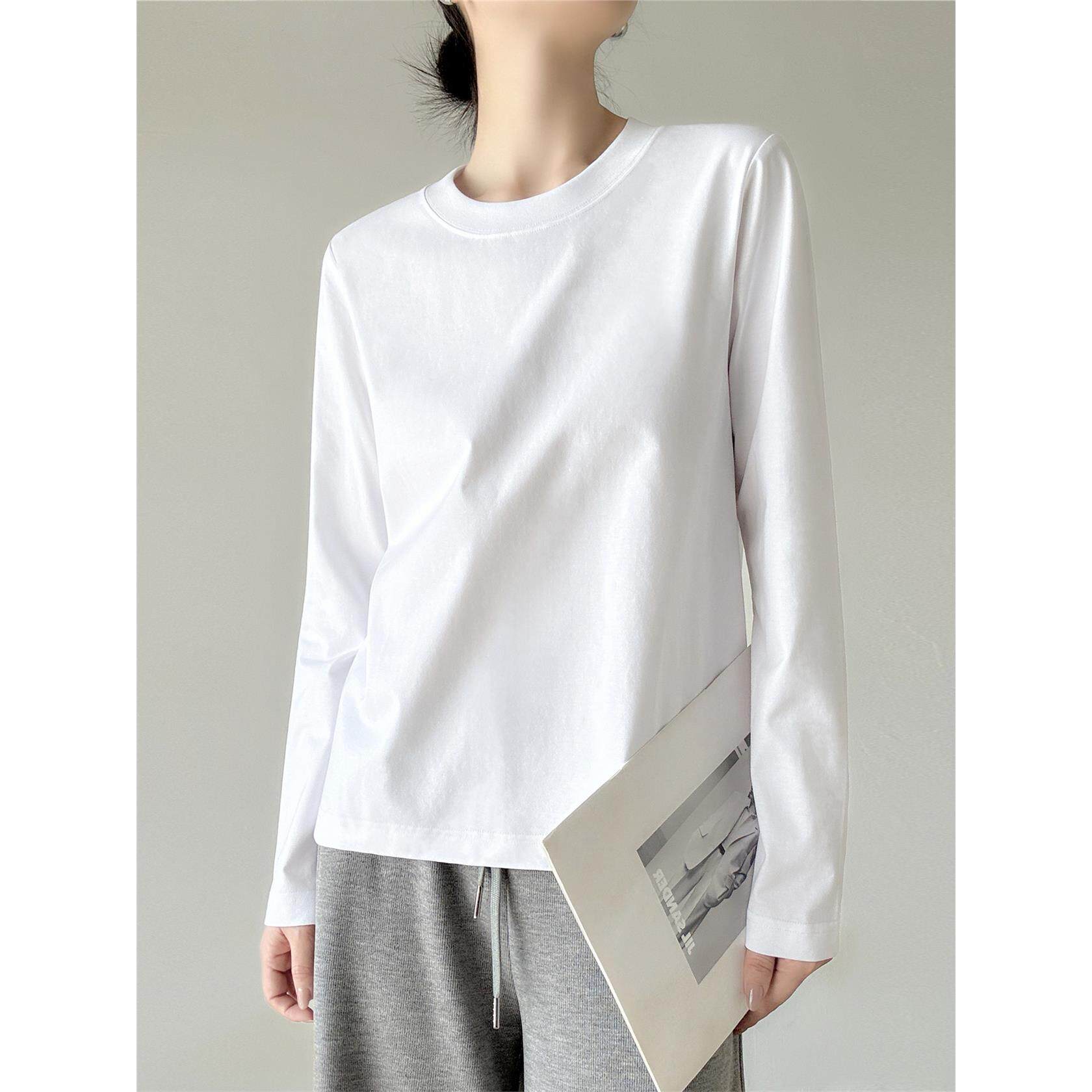 纯白宽松圆领长袖T恤纯棉简约正肩打底衫宽松休闲外穿百搭上衣女