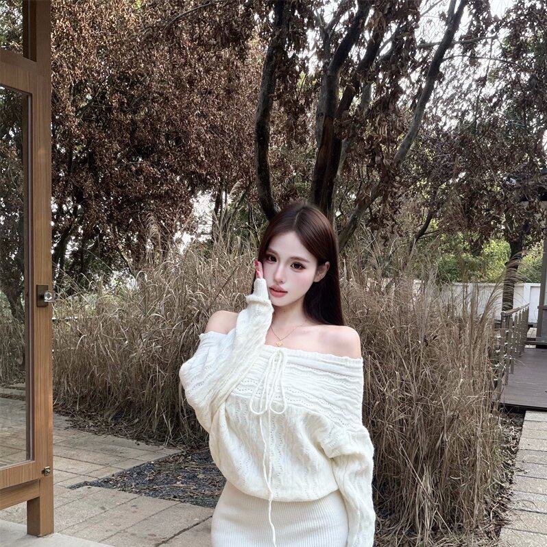 抽绳绑蝴蝶结带两穿斜肩百搭套头连衣裙女装