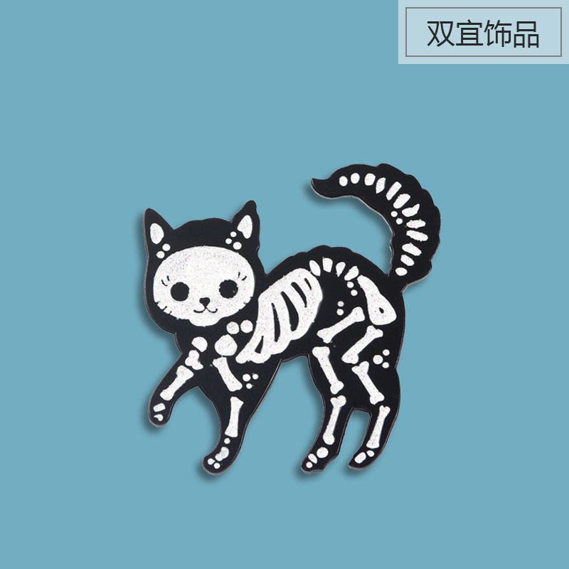 黑色骷髅猫咪胸针 x光骨架动物卡通勋章 学生个性书包装饰徽章