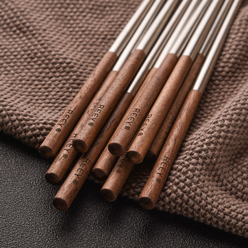 REEY北美黑胡桃FAS级纯实木筷子家用高档轻奢防滑304不锈钢抗菌筷