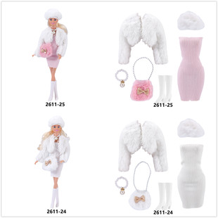 白色毛绒外套针织裙内衬靴子套装适合11寸Barb 30cm女孩娃娃玩具