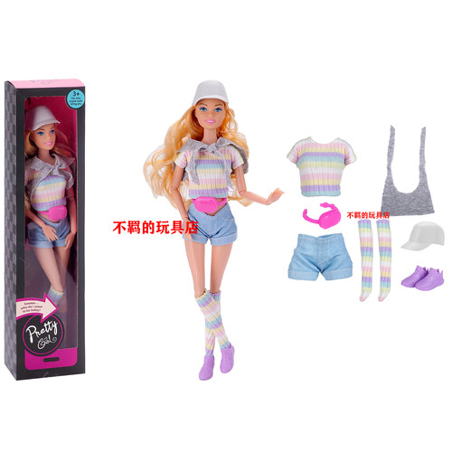 30cm条纹针织上衣牛仔短裤袜子套装女孩娃娃 11寸Barb换装玩具