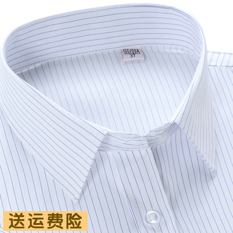 女士蓝细条纹长袖衬衫银行职业工装正装移动营业厅工作服修身衬衣