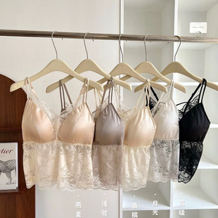 大码法式轻奢缎面美背蕾丝镂空吊带背心女带胸垫文胸一体性感内衣