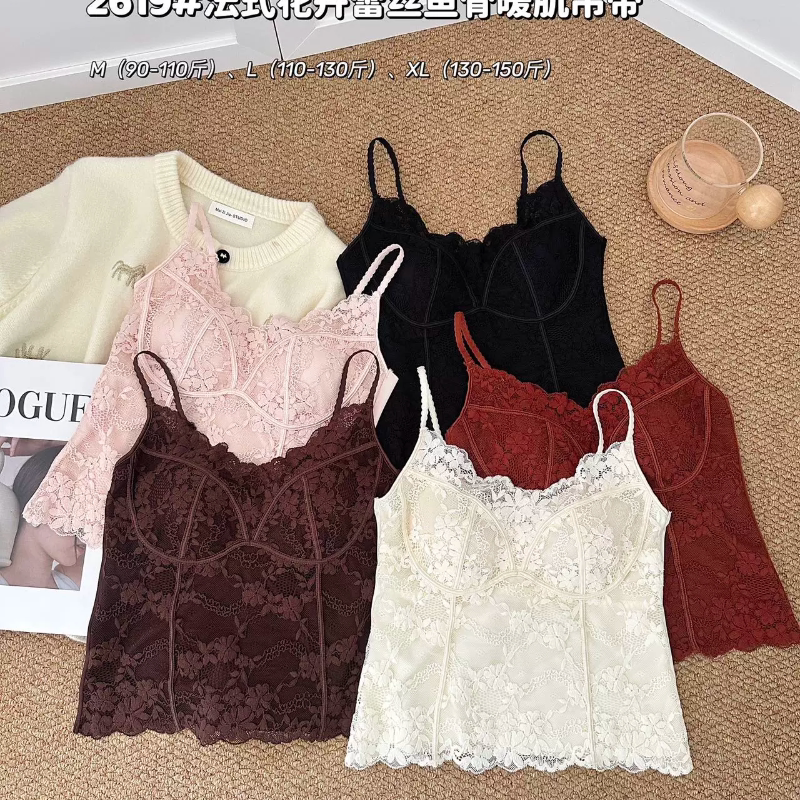 2619欧货法式鱼骨线蕾丝吊带背心女内搭带胸垫一体美背辣妹内衣潮