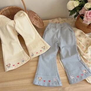 子2025春季 卡通刺绣百搭喇叭裤 韩版 小女孩时尚 儿童休闲长裤 女童裤