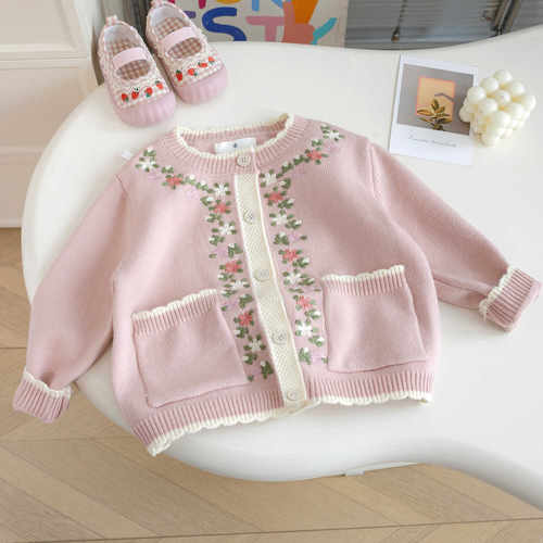 可爱春秋女童针织衫绣花开衫上衣