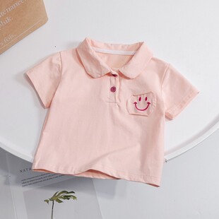 宝宝翻领纯棉短袖 2025新款 薄款 男女童夏装 T恤 纯色笑脸儿童POLO衫