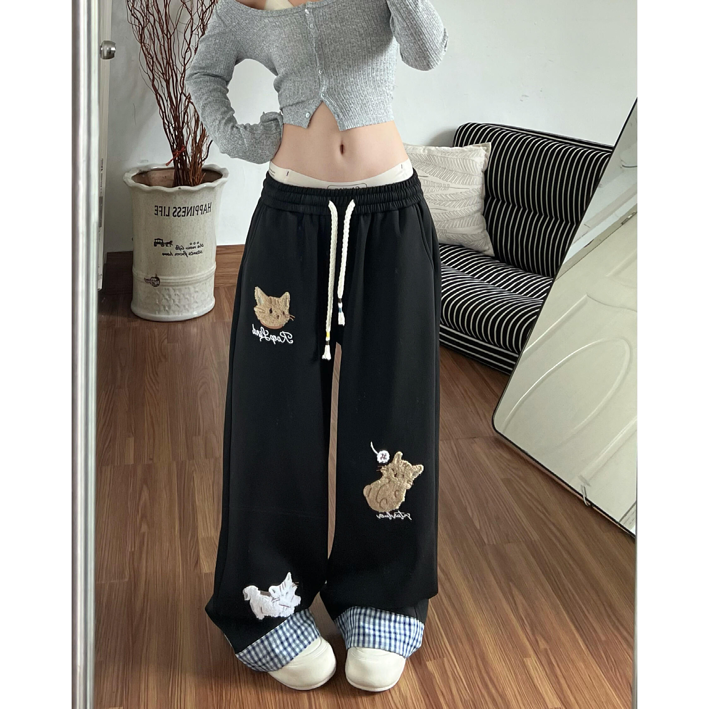 大码美式可爱猫咪刺绣阔腿裤女