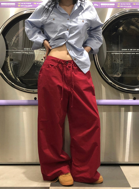 大码美式街头红色阔腿牛仔裤女宽松显瘦高腰工装休闲垂感拖地长裤