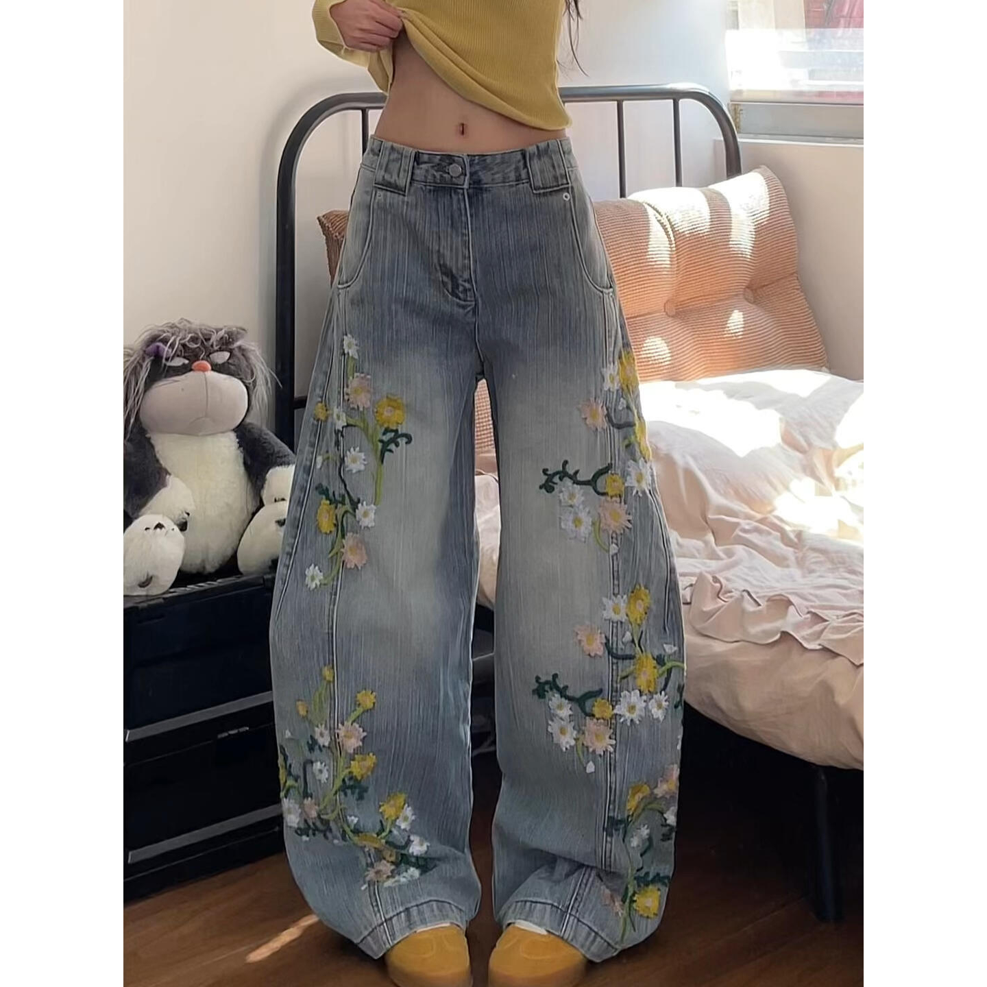 大码美式复古水洗弯刀牛仔裤