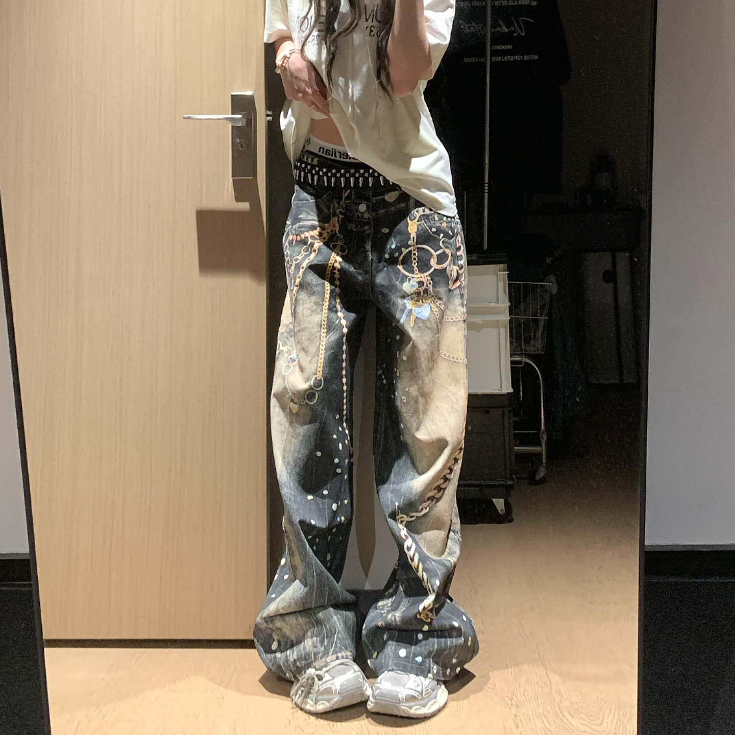 大码美式复古重工3D链条印花牛仔裤男女街头vibe直筒宽松阔腿长裤