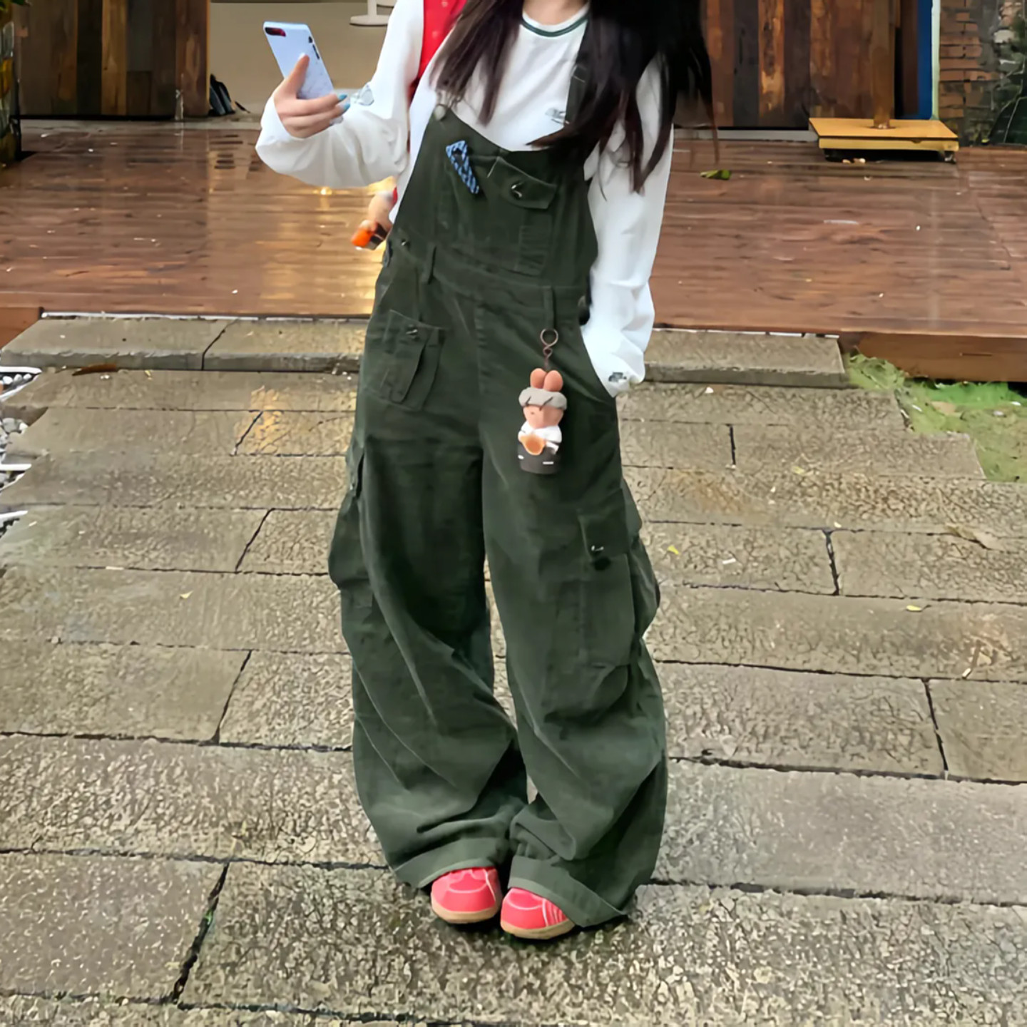 大码美式复古宽松工装牛仔背带裤女秋冬季新款高街百搭阔腿连体裤