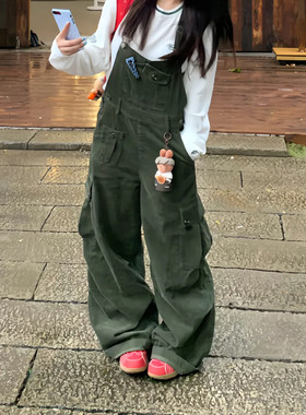 大码高街工装牛仔阔腿背带裤女