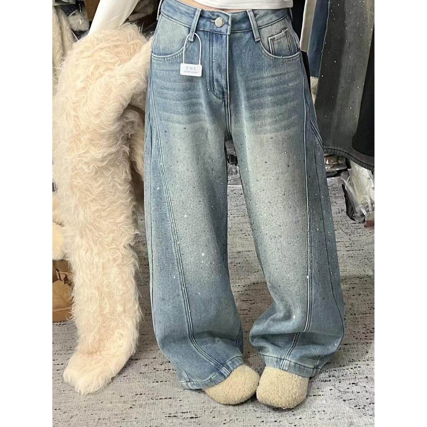 大码美式复古小众设计感烫钻牛仔裤女辣妹宽松慵懒松弛感拖地裤子,女装/女士精品,大码裤装,淘宝优惠券,粉丝福利购,淘宝优惠卷