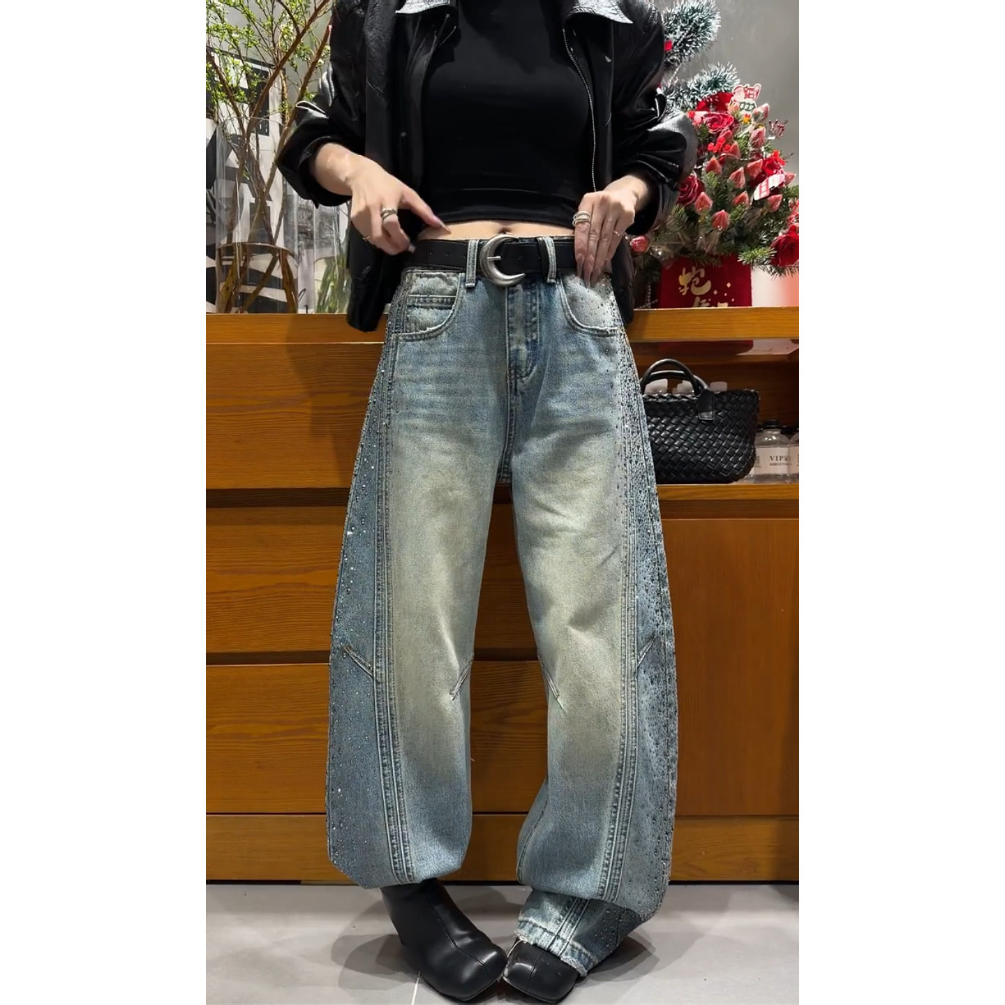 美式vibe复古钻石满天星弯刀牛仔裤女2026春季新款时尚宽松阔腿裤,女装/女士精品,大码裤装,淘宝优惠券,粉丝福利购,淘宝优惠卷