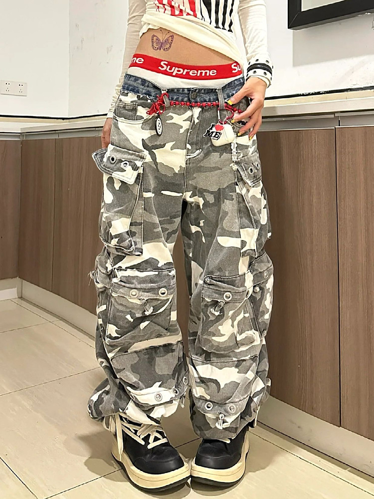 가을 루즈한 와이드 팬츠 남녀공용 대형 아메리칸 바이브 스트리트 카무플라주 데님 스플라이스 웨이스트 멀티 포켓 오버롤