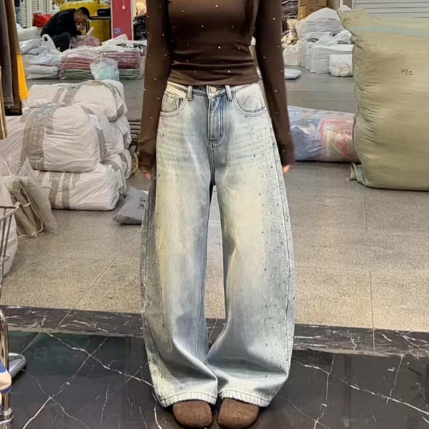 大码美式复古做旧水洗烫钻牛仔裤女设计感宽松慵懒弯刀阔腿拖地裤,女装/女士精品,大码裤装,淘宝优惠券,粉丝福利购,淘宝优惠卷
