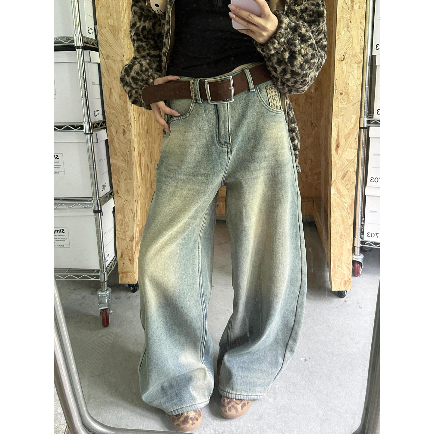 大码美式复古水洗豹纹牛仔裤