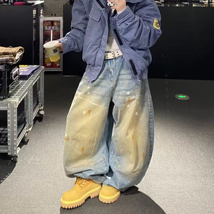 大码美式复古做旧水洗弯刀牛仔裤女街头宽松廓形堆积感阔腿拖地裤