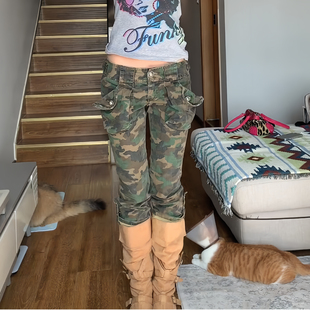 大码美式复古工装迷彩七分裤女夏季新款低腰辣妹y2k修身显瘦中裤