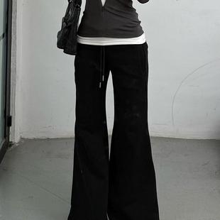宽松阔腿垂感长裤 大码 女2024秋冬新款 美式 子 复古黑色微喇休闲卫裤