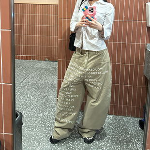 女潮牌高街宽松显瘦垂感阔腿长裤 复古字母印花弯刀牛仔裤 美式 大码