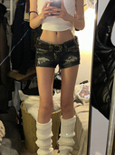 y2k大码 水洗做旧破洞牛仔短裤 女辣妹低腰修身 美式 显瘦包臀a字热裤