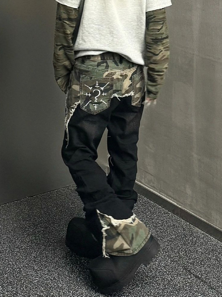 남성과 여성을 위한 대형 미국 스트리트 워싱 위장 접합 청바지 국가 패션 힙합 스트레이트 루즈 슬리밍 바지 유행