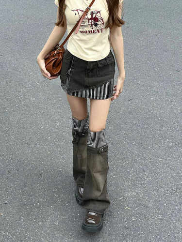 条纹拼接短裙腿套两件套大码辣妹