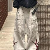 脏染印花阔腿长裤 大码 裤 子女2025新款 美式 设计感亚文化多口袋工装