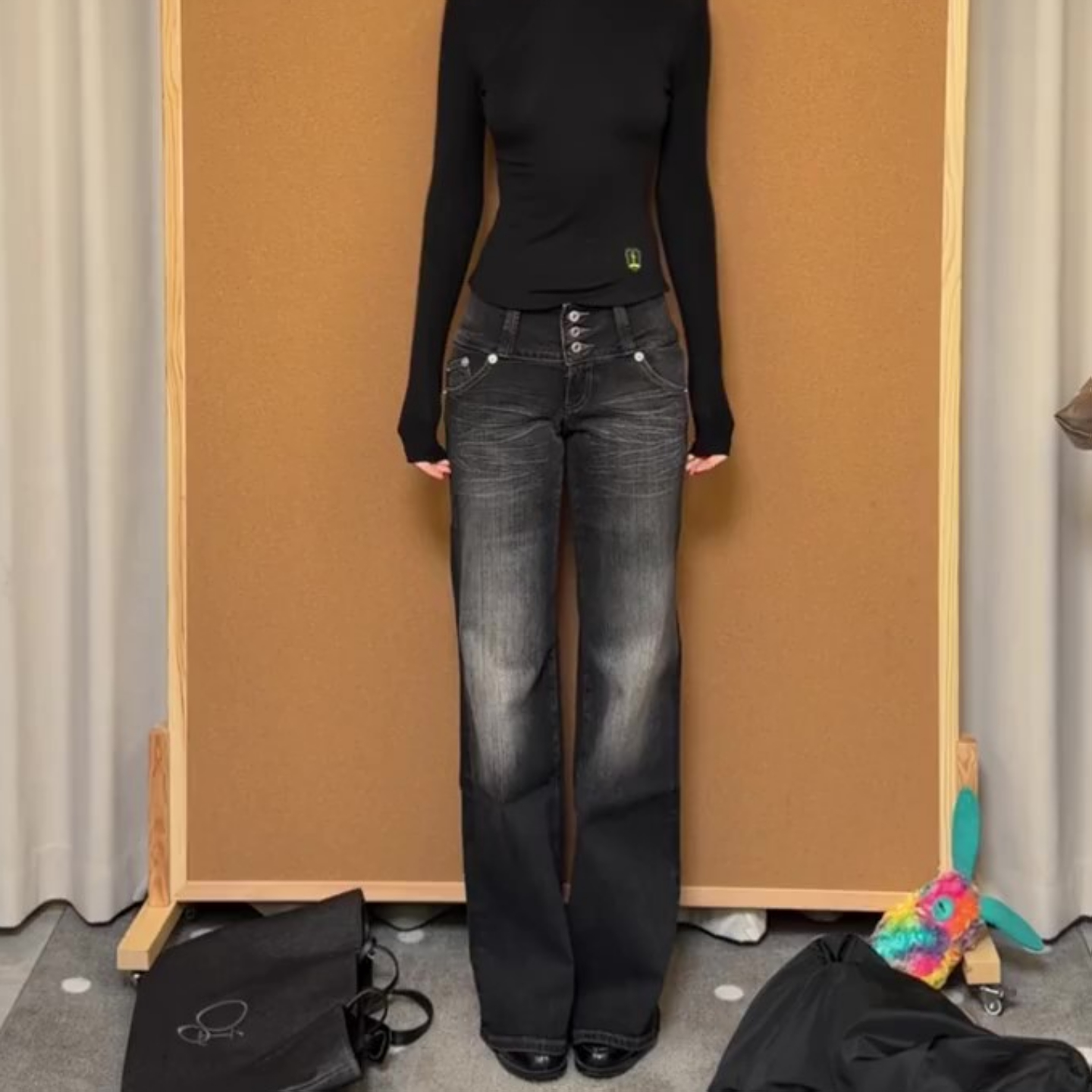 大码美式复古水洗高腰牛仔裤