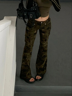 牛仔裤 大码 y2k辣妹迷彩工装 美式 女设计感口袋微喇叭嘻哈直筒长裤