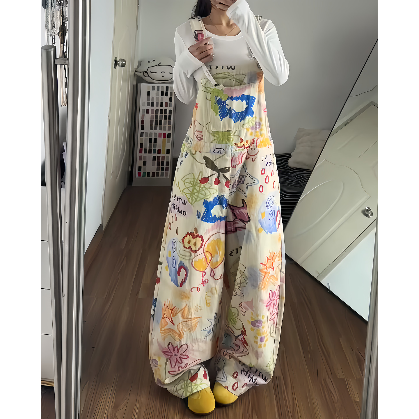 大码美式复古涂鸦印花牛仔背带裤女夏季设计感直筒宽松阔腿拖地裤